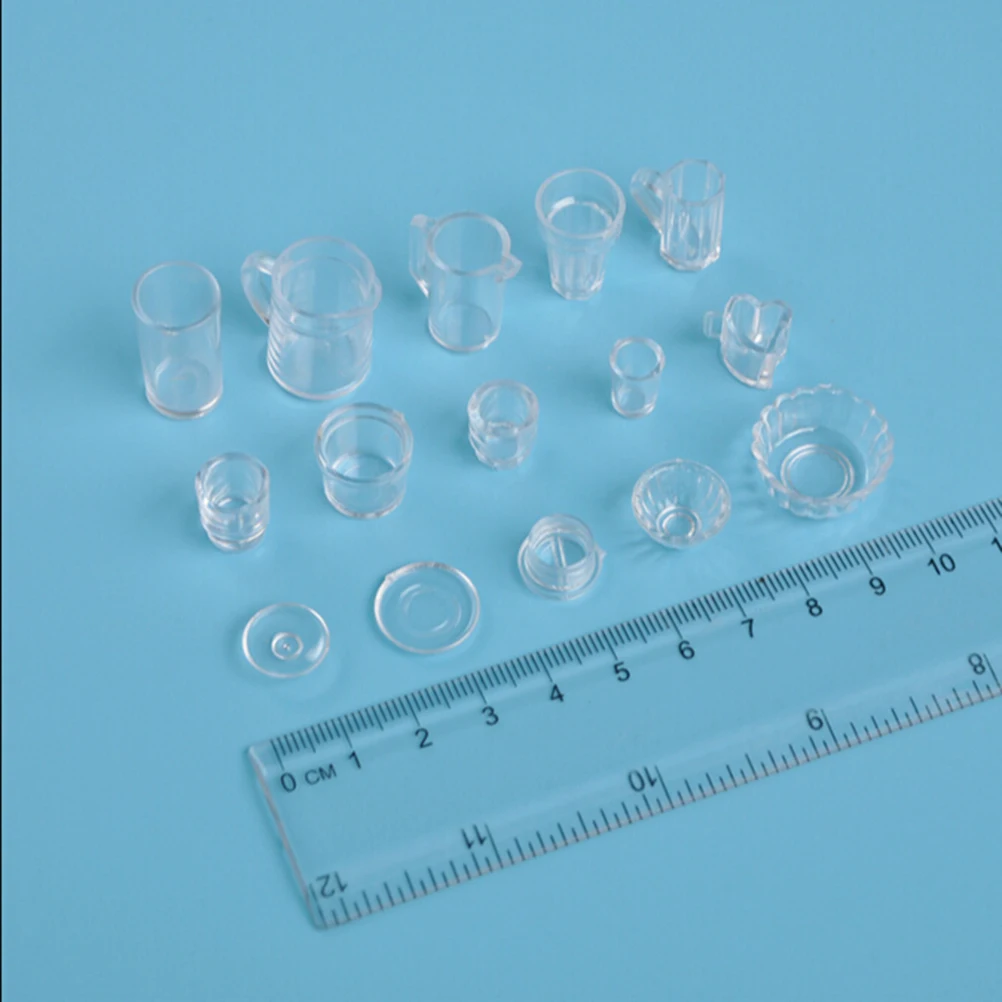 15pcs/Set Mini Transparent Kitchenware Toy Drink Cups Dish Plate Tableware Miniatures DIY Pretend Play