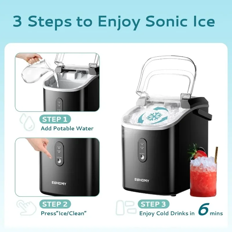 Countertop Ice Maker EUHOMY Nugget Ice Maker Countertop with Handle Ready in 6 Mins 34lbs/24H Removable Top Cover Portable Pebble Ice Maker