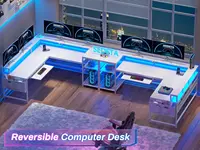 L Shaped Gaming Desk, Reversible Home Office Desk or Corner Desk, Gaming Desk with Power Outlets &LED Strip, Monitor Shelf,White 2