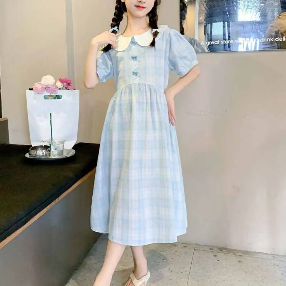 Elegant Loose Girls Plaid Dress Sweet Party Summer Kids Dresses Teenagers Beach Vacation Children Princess Dress Holiday