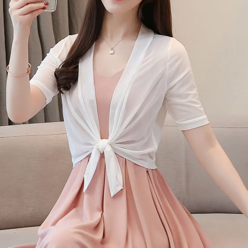 2023 Spring and Summer Solid Color Female Shirts Short Sleeve V-Neck Woman Chiffon Shawl Open Stitch Lady Blouses Black White shawl collar split sleeve cloak blazer cape new women s spring autumn solid color ol suit jacket coat black white korean fashion