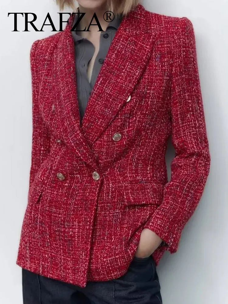 

TRAFZA 2023 Autumn Women Fashion Blazers Solid V Neck Sheath Suit Coat Woman With Pockets Vintage Outerwear Female Blazer