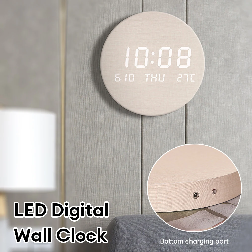 LED Digital Wall Clock Imitation Cotton/Wooden Style Temperature Date Time Display Silent Alarm Clock Multifunction