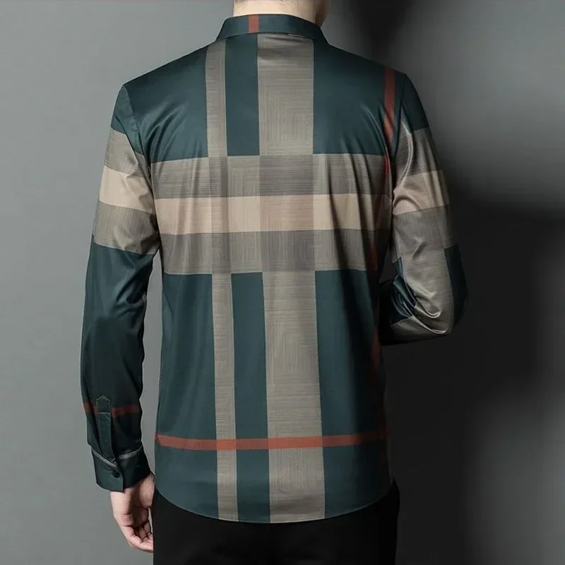 

Sleeve Shirts Basic Men Lapel Tops Clothing Loose Autumn Business Vintage Long Fashion Male Casual Spring Streetwear New Plaid