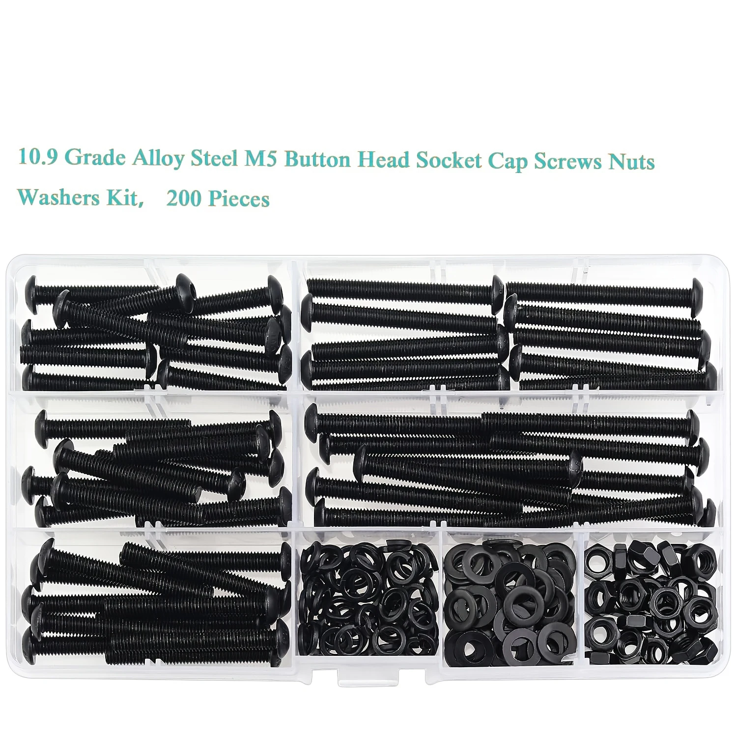 200 Pieces M5 x 30mm/35mm/40mm/45mm/50mm, Button Head Socket Cap Metric Screws Bolts Washers Nuts Kit, 10.9 Grade Alloy Steel