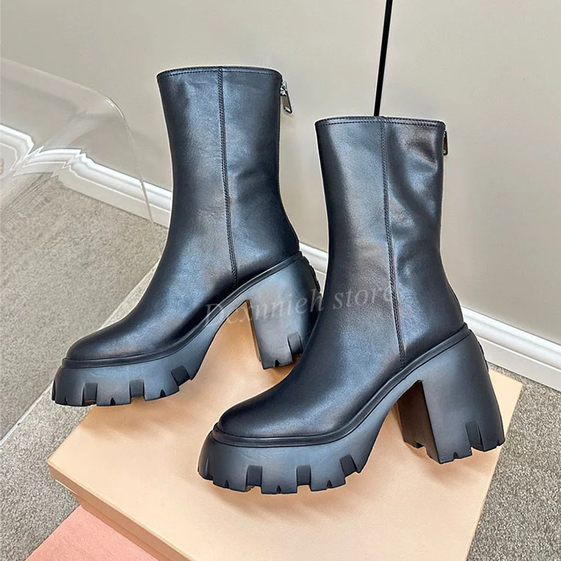 

Women Real Leather Platform Ankle Boots Chunky High Heel Thick Bottom Chelsea Boots Autumn Winter Back Zipper Mid Calf Boots