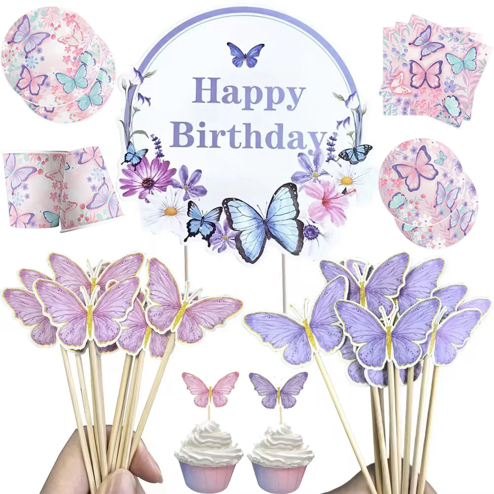 Purple&Pink Butterfly Cake Decorations Happy Birthday Cake Toppers Tableware Cups Baby Shower Wedding Birthday Party Decorations