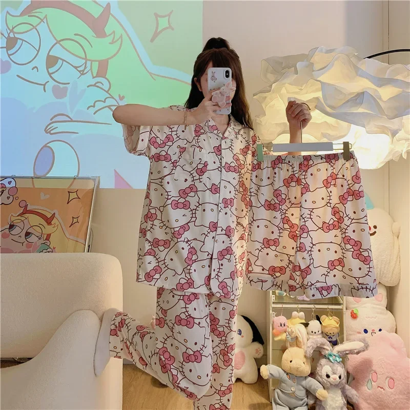 3pcs Hellokitty Kuromi Women's Pajamas Suit Anime Kitted Kawaii Spring Summer Short Sleeves Shorts Pants Homewear Soft Girls [fila]loose fit short sleeves