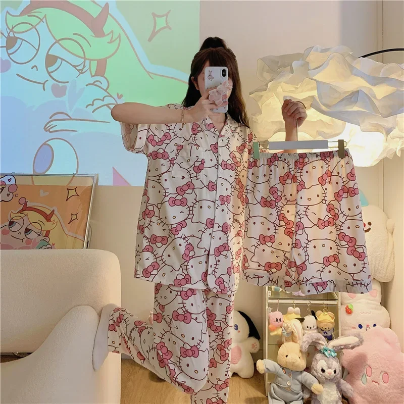 3pcs Hellokitty Kuromi Women's Pajamas Suit Anime Kitted Kawaii Spring Summer Short Sleeves Shorts Pants Homewear Soft Girls 3pcs set printed cotton maternity nursing pajamas feeding sleepwear clothes for pregnant women spring pregnancy nightwear