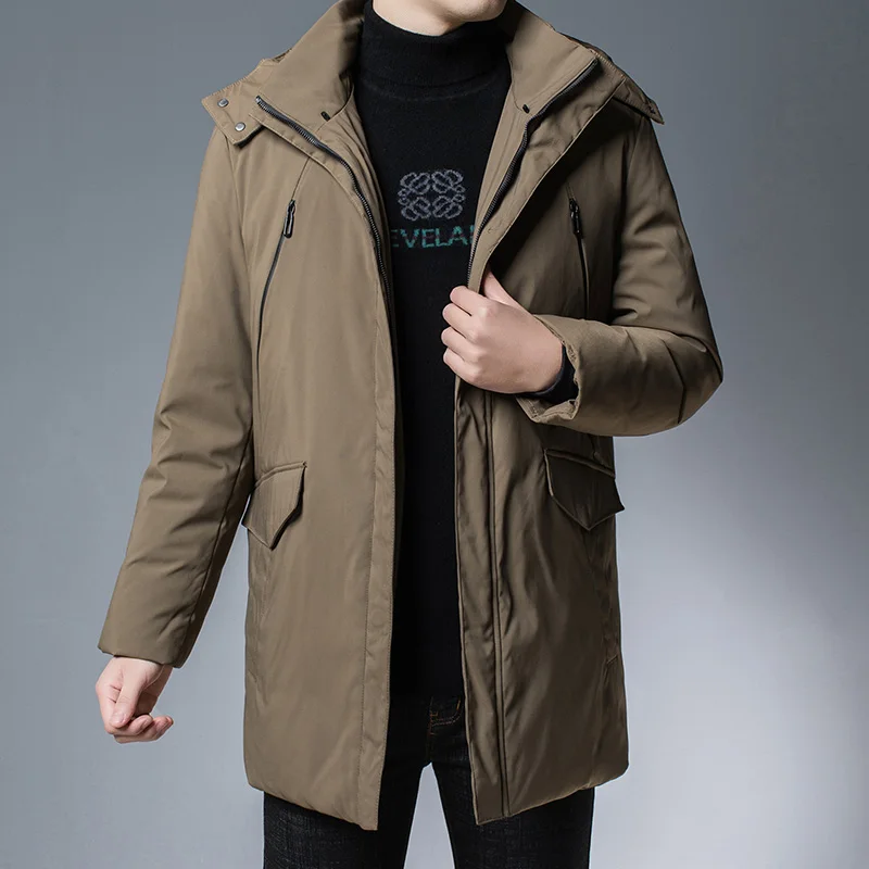 Winter Men Khaki Black White Duck Down Basic Coat With Detachable Hood Design Puffer Parkas Thick Warm Padded Hooded Overcoats