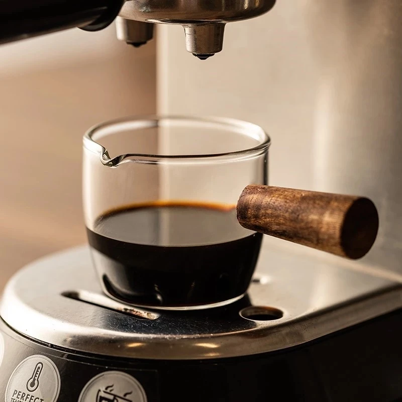Description Picture 5 of itemGlass Measuring Cup Wood Handle Glass Espresso Measuring Cup Single Milk Coffee Clear Jug Coffee Supplies Kitchen Measure Mug