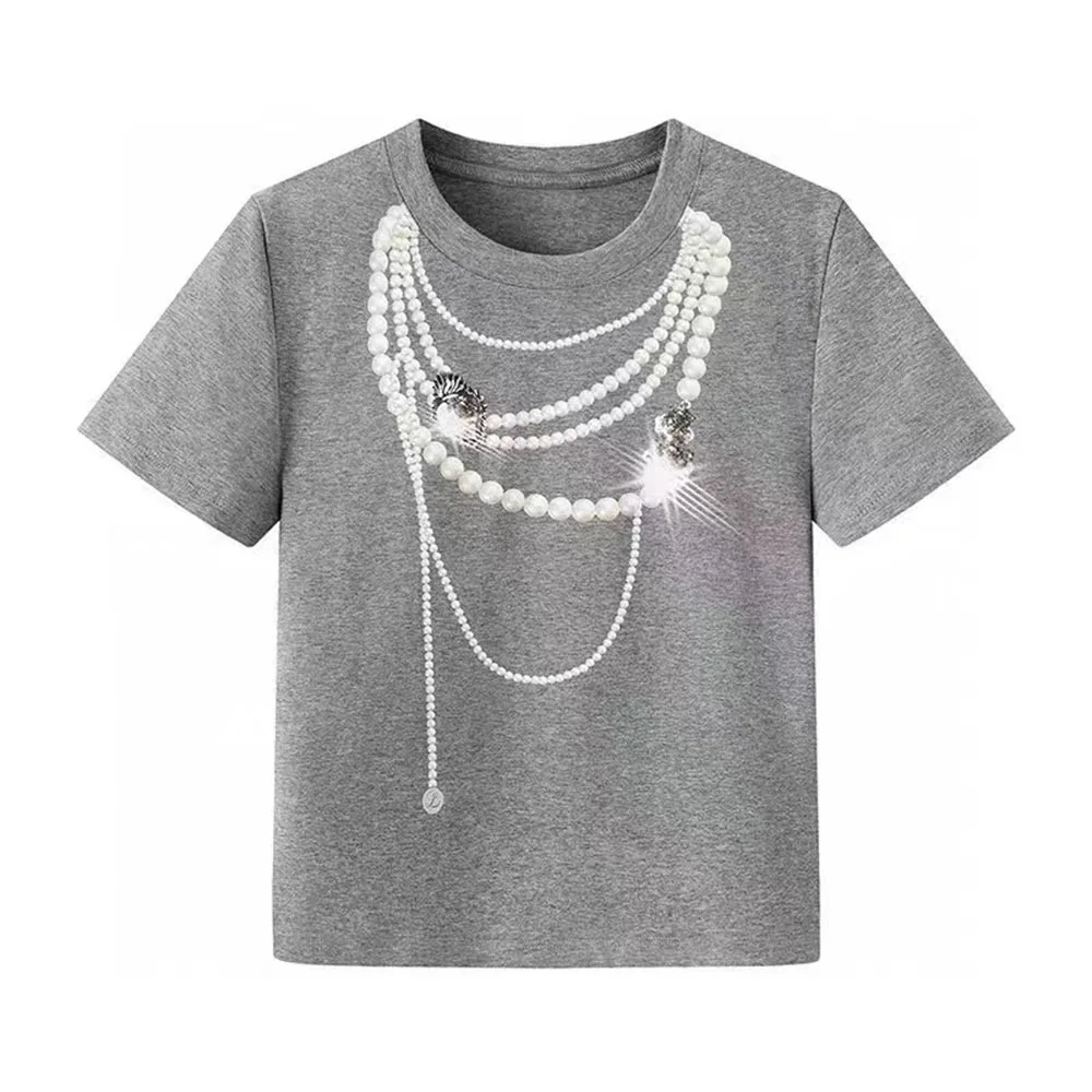 

Женская футболка с коротким рукавом и принтом ожерелья, серая Повседневная футболка с круглым вырезом, лето 2024