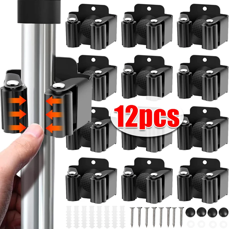12/1pc Wall Mounted Mop Holder Clips Stainless Steel Mop Broom Hanger Rack Waterproof Kitchen Bathroom Storage Shelf Hooks mop holder