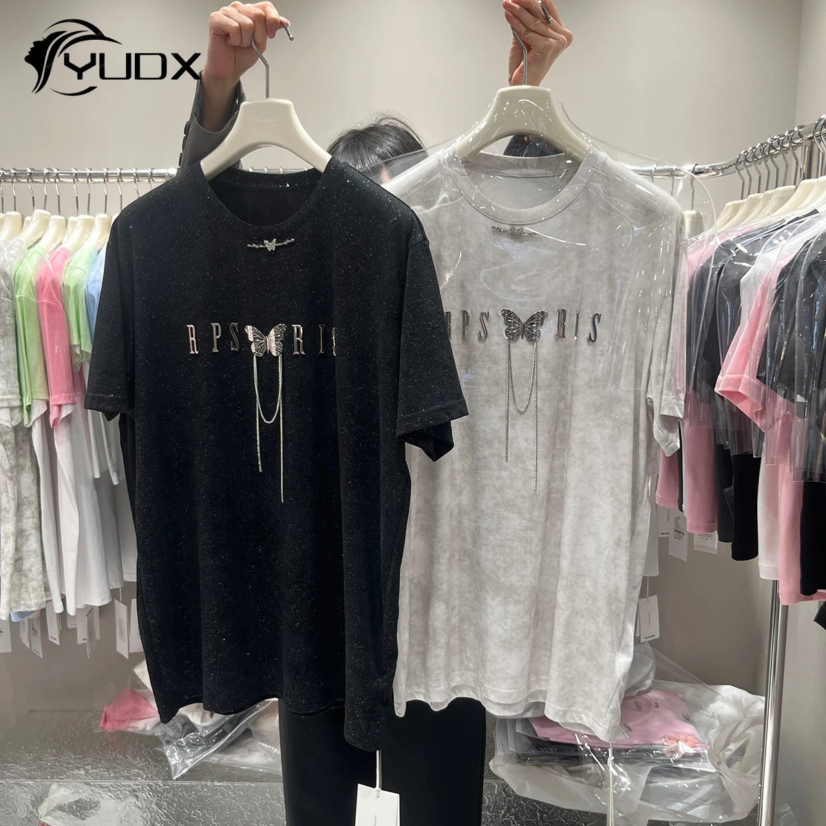 

YUDX 2024 New Summer Short Sleeve Women T-shirt Diamonds Butterfly Chains Loose O-neck Pullover Top Mid-long Casual Cotton Tees