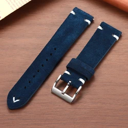 Vintage Genuine Suede Leather Quick Release Watch Strap - Handmade Unisex Sport Bracelet - Black Buckle (Blue White)