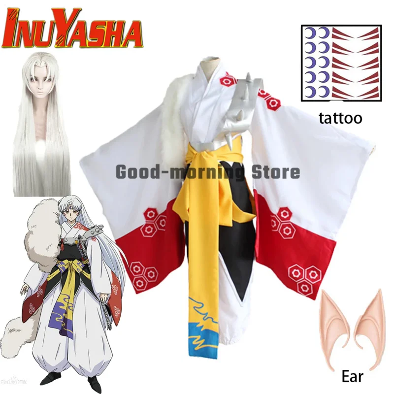 

Anime InuYasha Sesshomaru Cosplay Costume Ear Silver Wig sJapanese Kimono For women men And Adult Costume Halloween Party