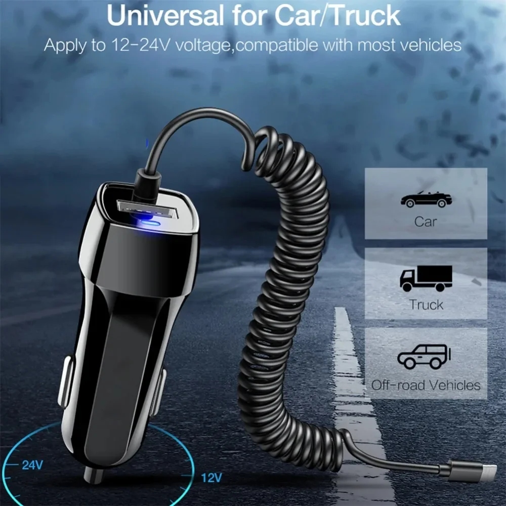 High-Power 48W Fast Charging Spring Cable Car Charger with Universal USB Compatibility