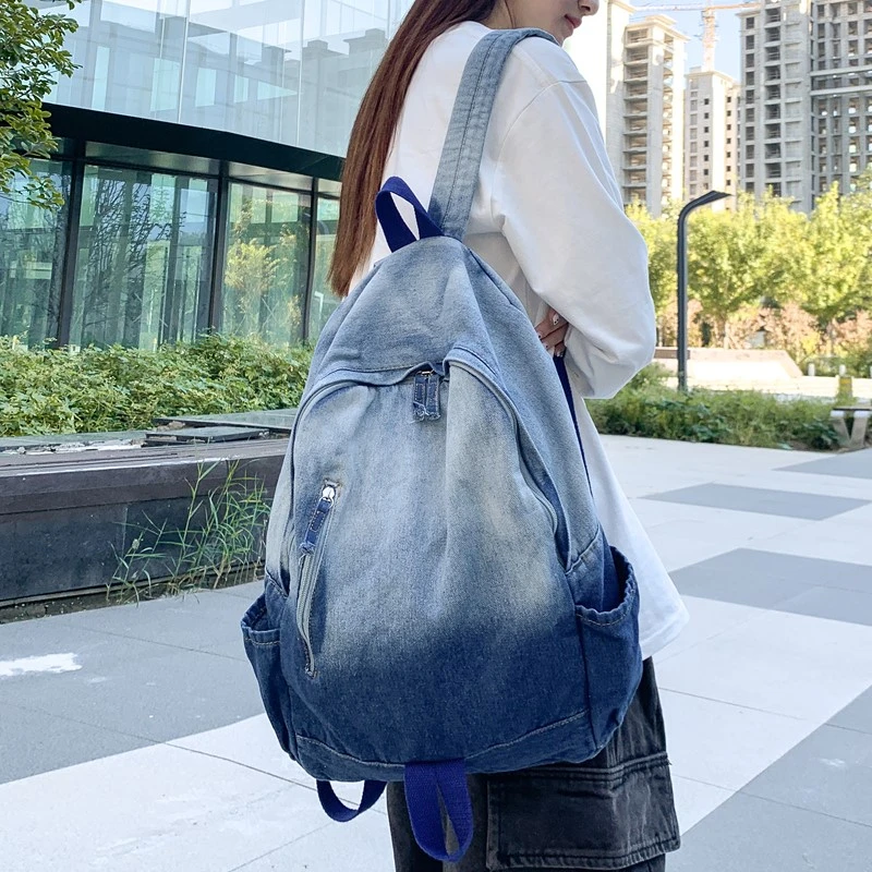 Unisex Large-Capacity Washed Denim Backpack