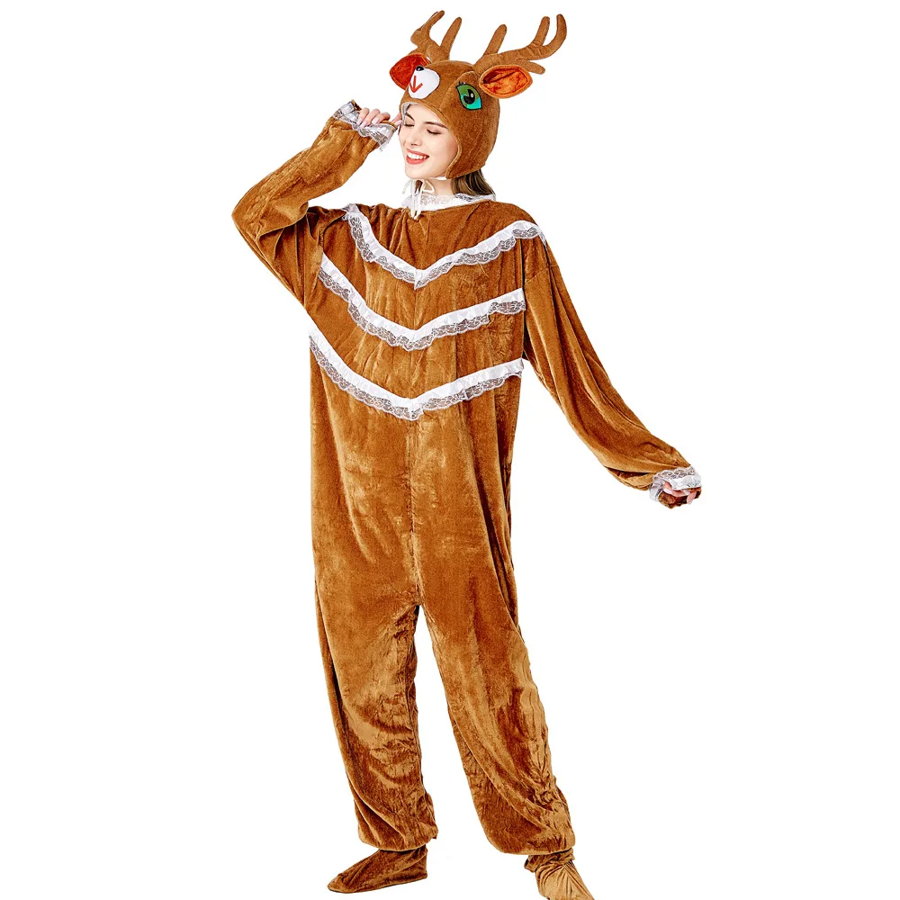 

Christmas elk costume Adult cartoon brown jumpsuit costume plush three-piece walking doll costume