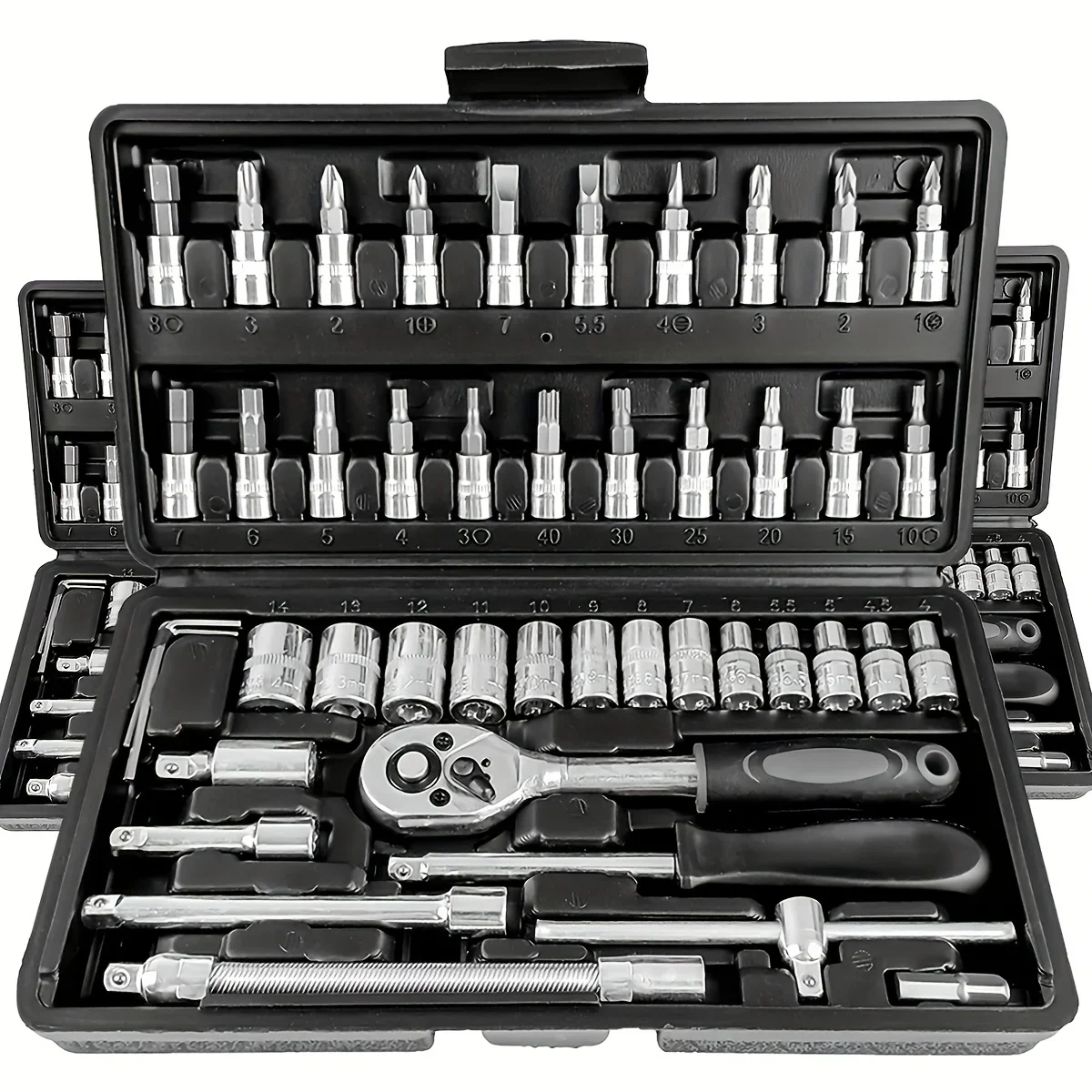 Description Picture 3 of item46-Piece 1/4-Inch Socket Wrench Set with Positioning Sockets Metric and Long Barsfor Automotive and Home Use  Storage Case