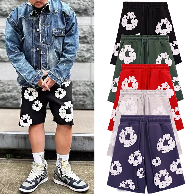 

24SS Denim Tears Shorts Unisex 1:1 Kapok Puff Printed Fashion Casual Cotton Pocket Drawstring Multicolour Couple Jogger Breeches