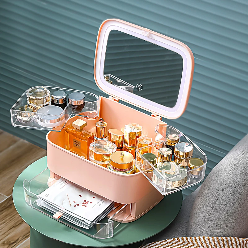 large makeup organizer makeup organizer for cosmetics,cosmetic organizer holder with led mirror, makeup storage box for lipstick/cream/mask,new arrival Eyeshadow Compact Organizer