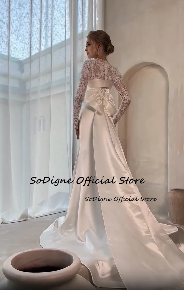 SoDigne Mermaid Satin/Lace Wedding Dresses O-neck Full Sleeves Bridal Dress Long Bridal Gown with Bow 2025 Customized 4