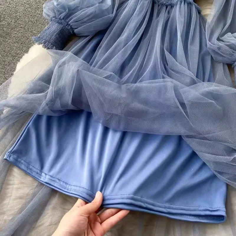 Lace Flower Mesh Dress for Women Lantern Sleeve White Long Dresses for Party Vintage Elegant Dress 2 Piece Sets New 12041