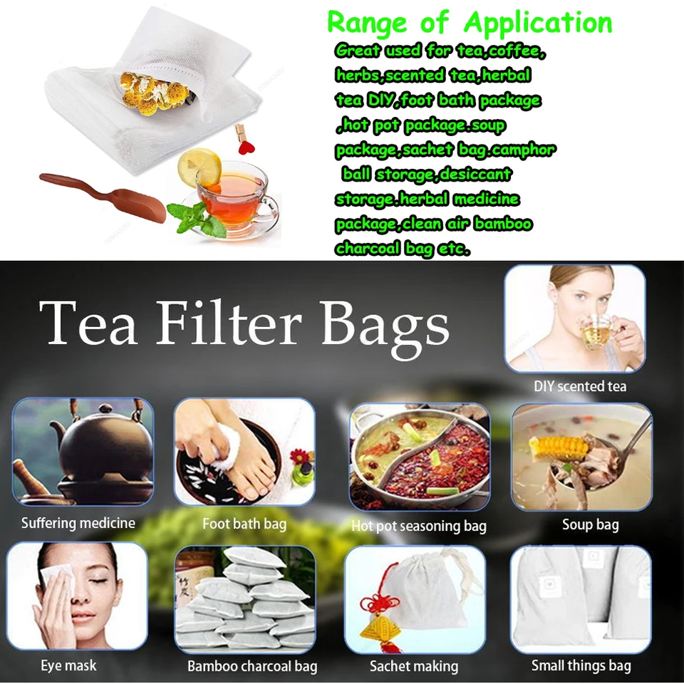 2000-100Pcs Disposable Filter Infusers Empty Drawstring Seal Scented Loose Tea Bags Herb Kitchen Spice Brew Coffee_voghion.com