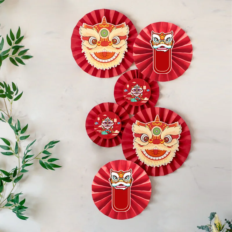 1Set Chinesischen Stil Löwe Fan Papier Blume Wand Hängen Banner Hintergrund für Chinesische Neue Jahr Frühling Festival Party Dekoration