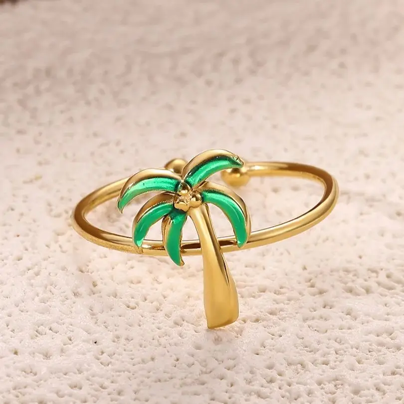 Green Enamel Palm Tree Ring Women 18K Gold Plated Stainless Steel Adjustable