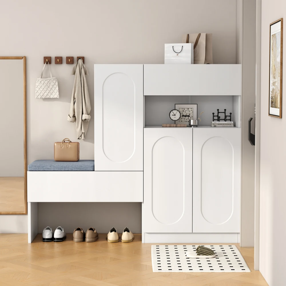 Schuhschrank mit gebogenen Türen, Klapptür mit Soft-Close-Funktion, höhenverstellbaren Fächern und gepolstertem Sitz – Detail 9