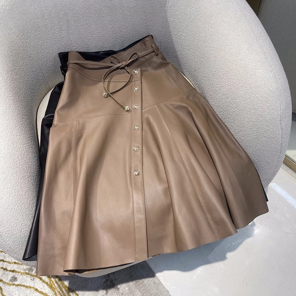 

2023 Autumn Korean Style Hot Fashion Women's High Quality Genuine-leather High-rise Belt Skirt F088