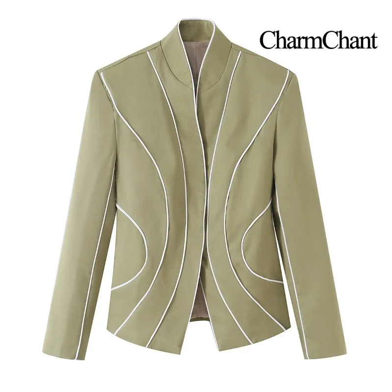 CHARMCHANT Blazer Femme à Col Montant, Coupe Ajustée, Motif Géométrique et Passepoil Contrastant, Idéal pour le Bureau, les Soirées et l'Automne 2026