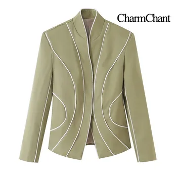 CHARMCHANT Blazer Femme à Col Montant, Coupe Ajustée, Motif Géométrique et Passepoil Contrastant, Idéal pour le Bureau, les Soirées et l'Automne 2026