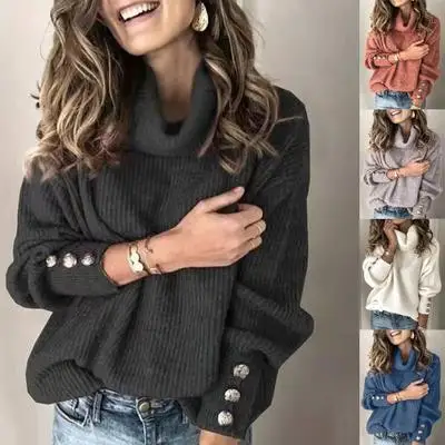 

Women Autumn Spring Knitted Sweaters Turtleneck Long Sleeve Button Decoration Sweater Tops Ladies Casual Jumper Plus Size S-5XL