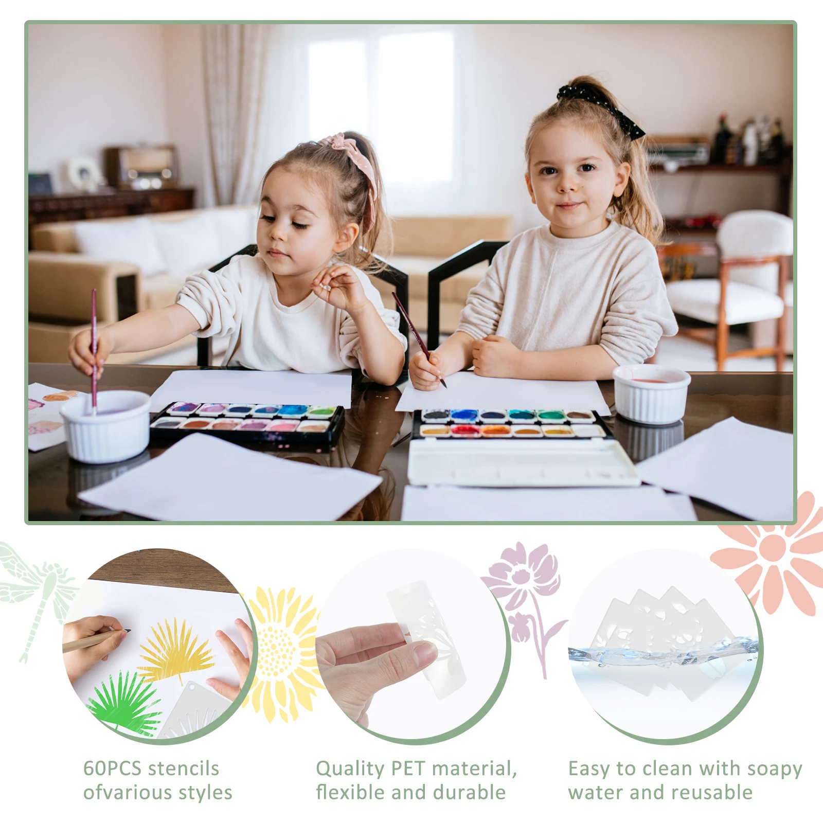 60 Pcs Plant Painting Template for Canvas Card Wood Drawing Stencils Botanical Birds and Insects Design DIY Painting Stencil Set