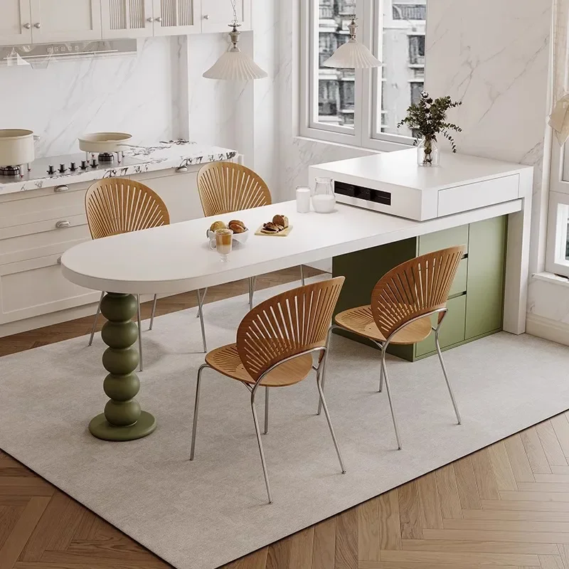 Island Table French Light Luxury Retractable Integrated Celebrity Family Apartment Arc Island Rock Plate Dining Table And Chairs