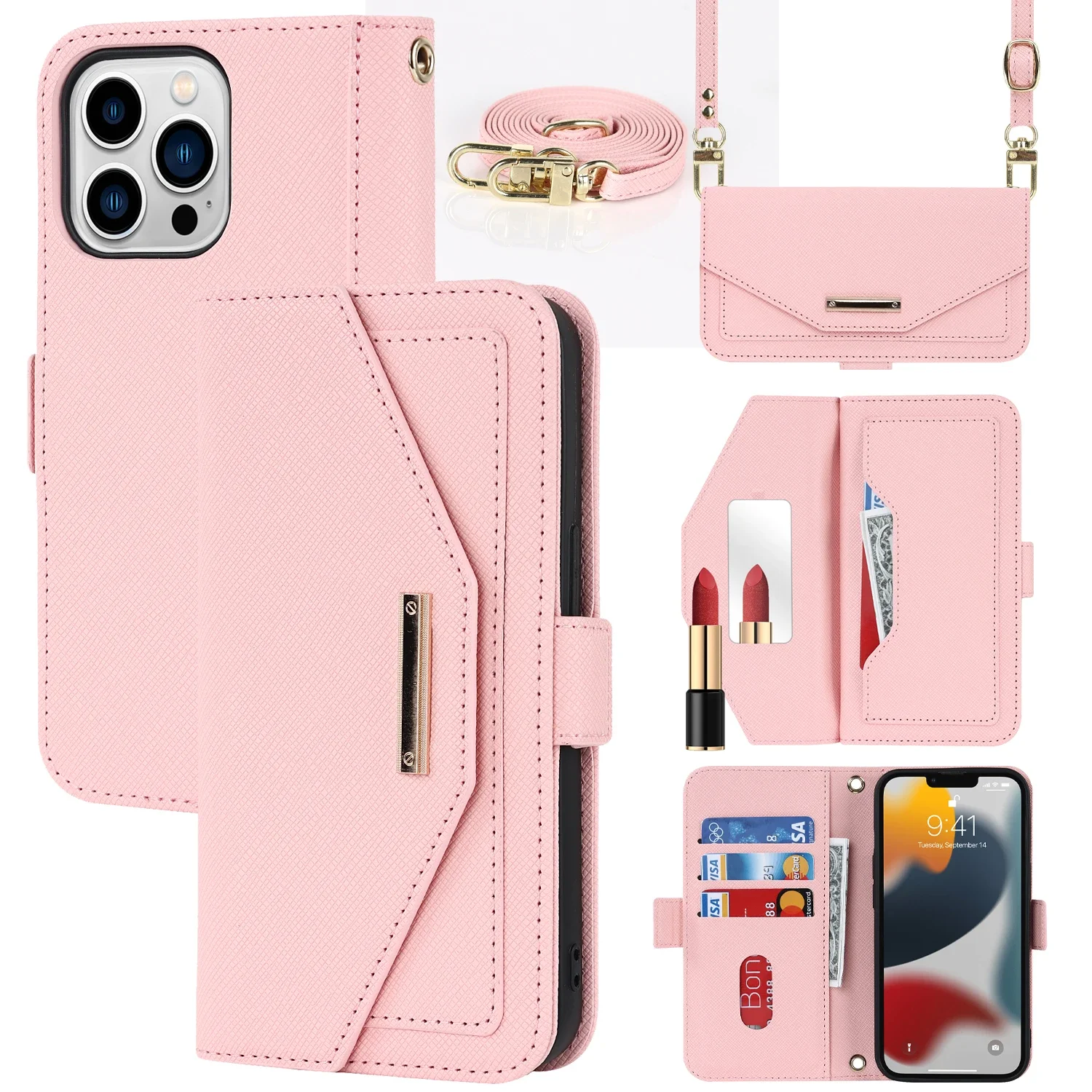 Lanyard Crossbody Wallet Case with Card Slots and Magnetic Stand Mirror Book Cover