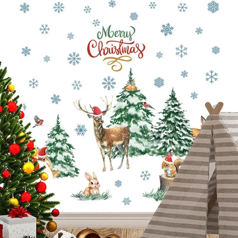 

Removable Merry Christmas Tree Wall Stickers Art Vinyl Decal Home Window Decoration Snowflakes Animals Glass Door Decals