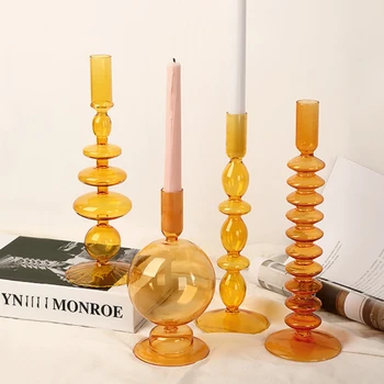 Nordic Retro Orange Glass Candleholder Creative Home Decor Wedding Party Dinner Candlelight Decoration Living Room