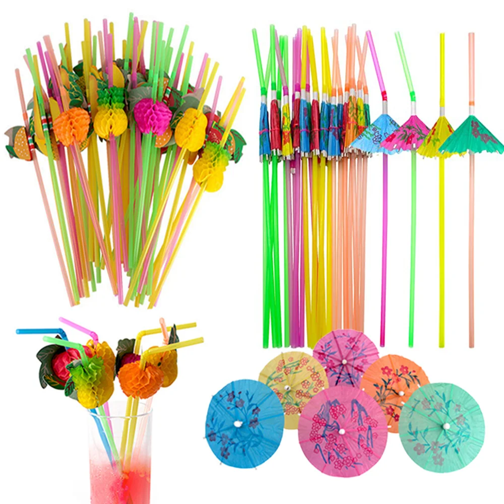 

50 Pcs Hawaiian Fruit Paper Straws Coffee Cocktail Stirrers Drink Milkshake Beach Summer Pool Party Disposable Drinking Straws