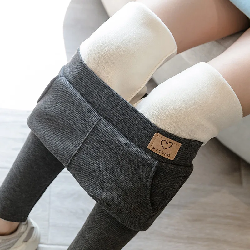 

Winter Leggings Women High Waist Pocket Leather Label Thread Plush Thickened Ladies Warm Ninth Pants Lambskin Cotton Bottoms