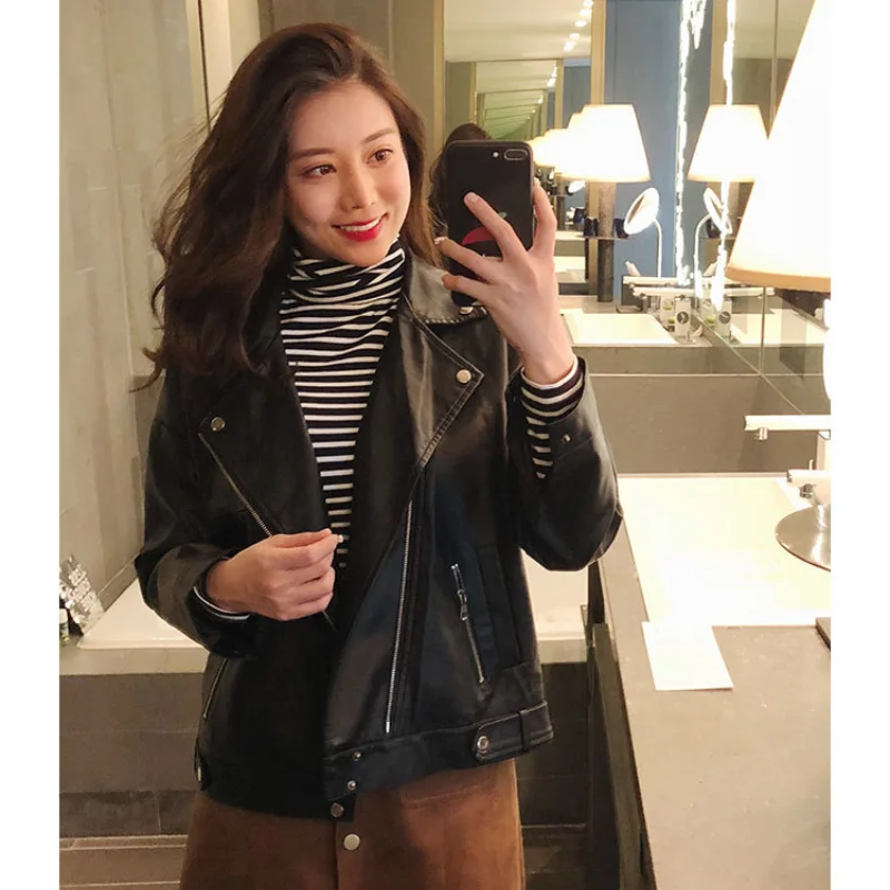 PU Moto Biker Jacket Women Loose Fit Faux Leather Coat