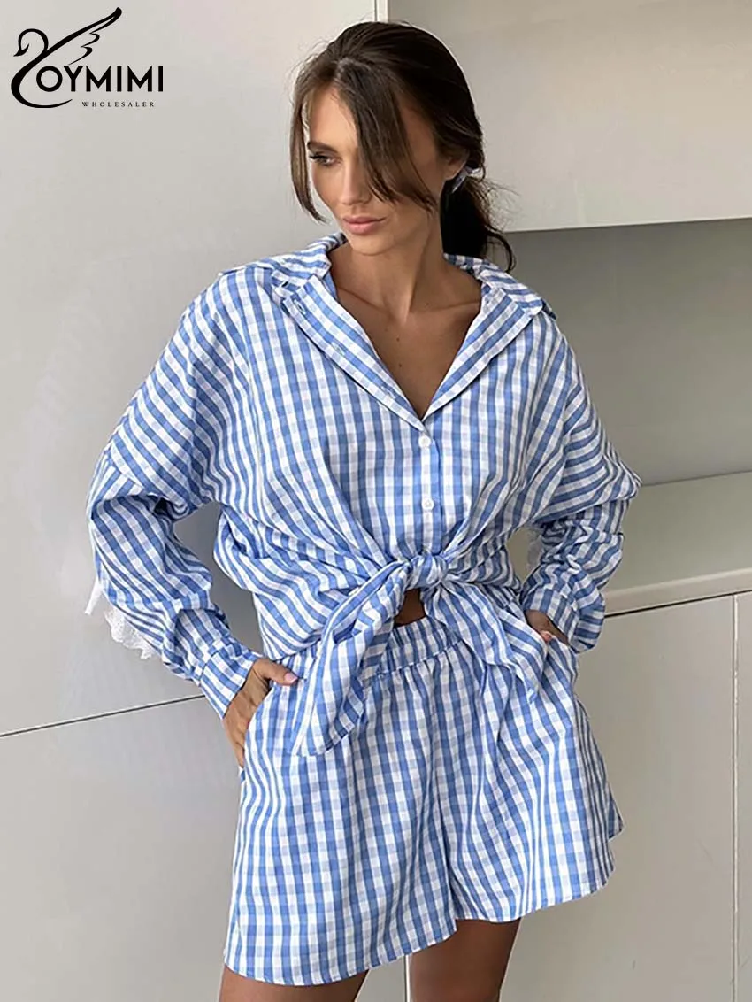 Oymimi Casual Red Plaid Print 2 Piece Sets Women Outfit Summer Long Sleeve Lace Patchwork Shirts + High Waist Shorts Female Sets