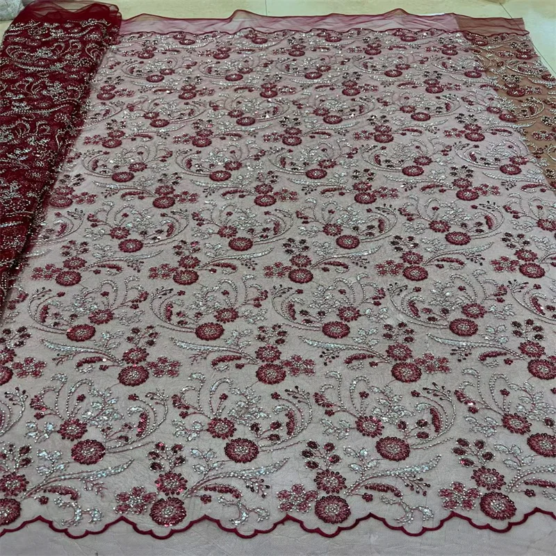 

Red Latest African Sequin Lace Fabric Embroidery French Mesh Lace Fabric With Sequins Nigerian Tulle Lace For Party