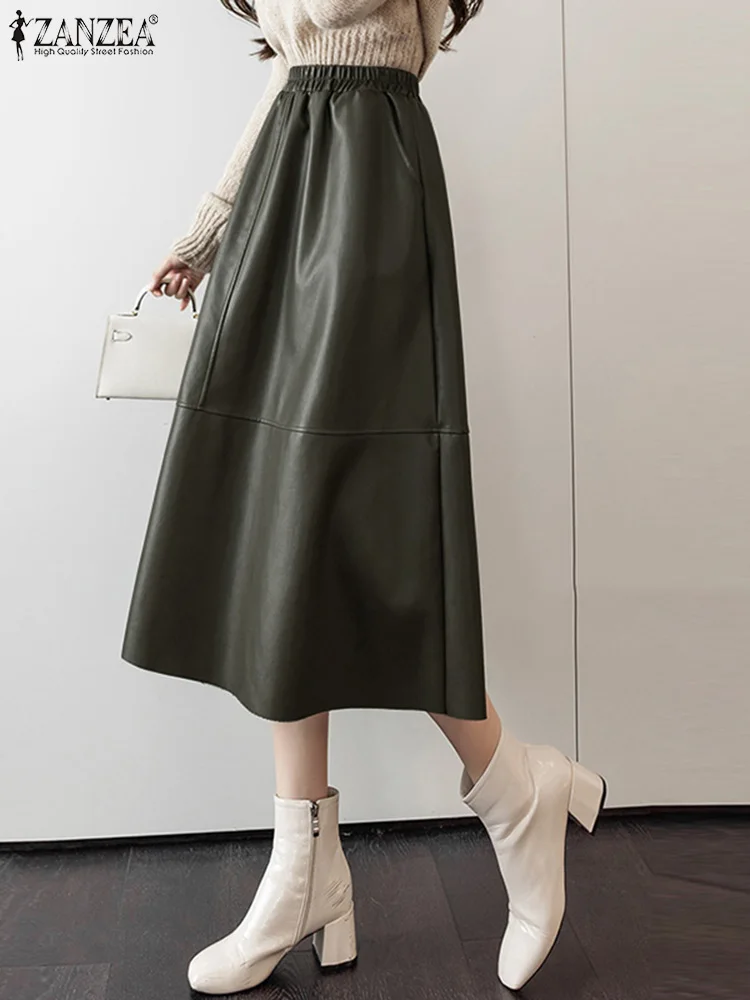 

ZANZEA Vintage Leather PU Skirts Woman High Waist Ankle Length Dress Autumn Elegant Solid Sundress Femme OL Office Faldas 2023