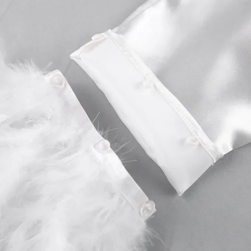NHKDSAA 여성 깃털 잠옷 2 종 세트, 긴 소매 턴 다운 칼라 상의, 새틴 캐주얼 여성 세트, 바지 포함, 여름 2023 4