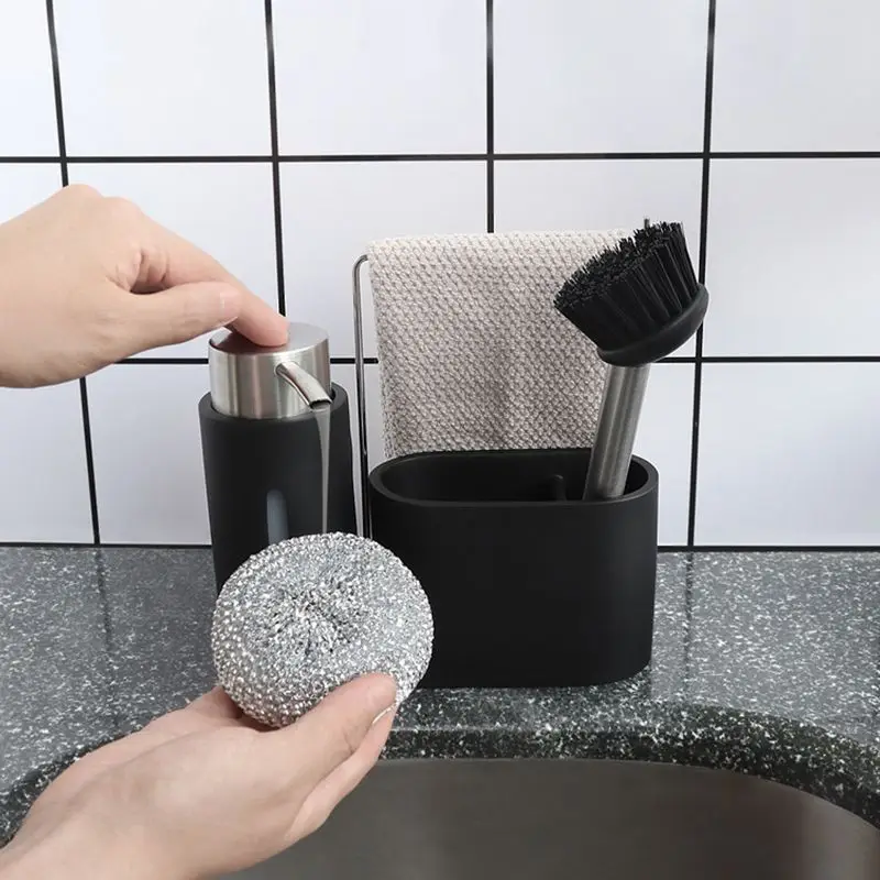 Kitchen Sink Countertop Organizer Liquid Hand Soap Dispenser Pump Bottle with Cleaning Ball, Brush, Dishwashing Soap Dispenser