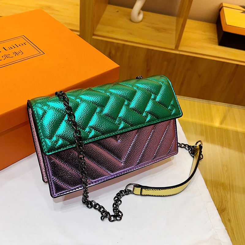Women's K-G Colorful Splicing Chain Bag Fashionable And Versatile Grid Embroidery Bag Single Shoulder Crossbody